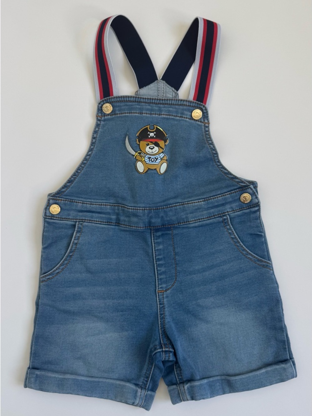 Moschino Blue Denim Kids Overall Shorts with Pirate Bear Patch
